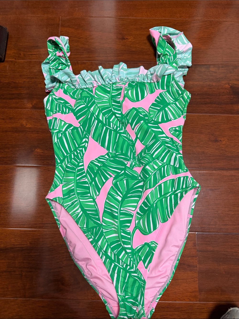Lilly Pulitzer Pink One-Piece Swimsuit with Green Palm Print
